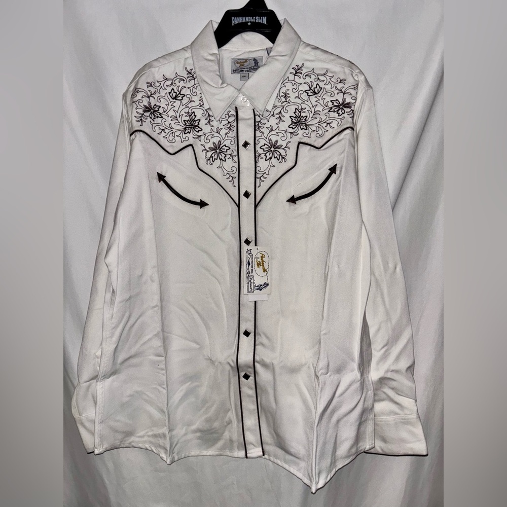Panhandle Slim White and Black Embroidered Casual Button Down Shirt